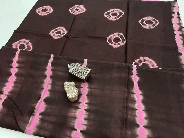 Dark brown shibori print cotton saree with blouse