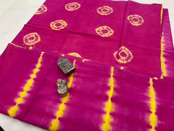 Ruby pink shibori print cotton saree with blouse
