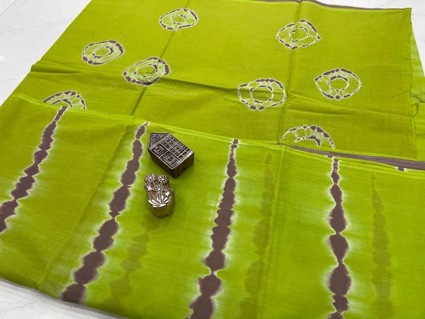 Green shibori print cotton saree with blouse
