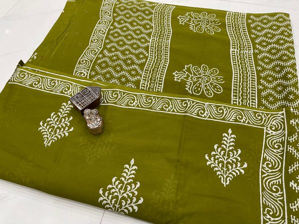 Olive green mugal print cotton saree with blouse