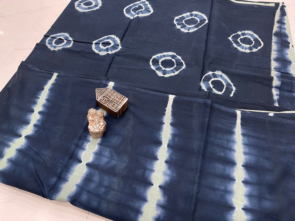 Prussian blue shibori print cotton saree with blouse