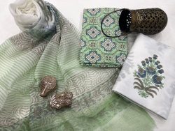 Lite green and white mugal print cotton suit with kota doria dupatta