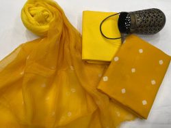 Yellow and chocolate bhandej print  cotton suit with kota doria dupatta