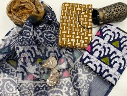 Indigo batik print cotton suit with kota doria dupatta