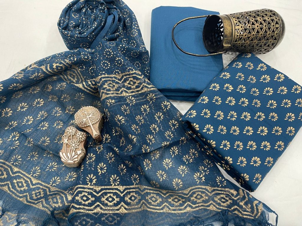 Prussian blue bagru print cotton suit with kota doria dupatta