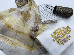 White mugal print cotton suit with kota doria dupatta