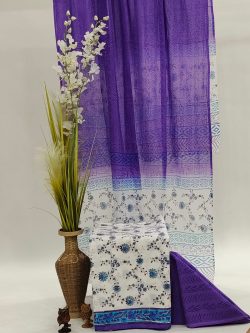 Block print Unstitched soft mulmul dupatta cotton suit in purple and white color