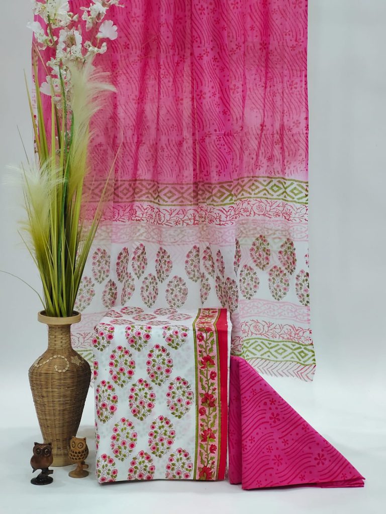 Block printed Unstitched soft mulmul dupatta cotton suit in rose pink color