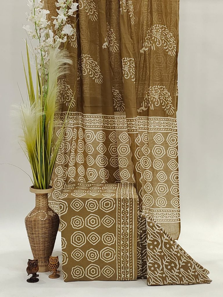Discharge print Unstitched soft mulmul dupatta cotton suit in coffee brown color