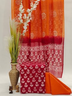 Jaipuri printed Unstitched soft mulmul dupatta cotton suit in brick red and orange color