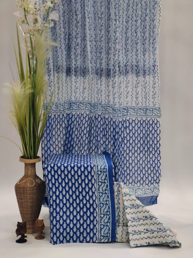 Napthol print Unstitched soft mulmul dupatta cotton suit in persian blue color