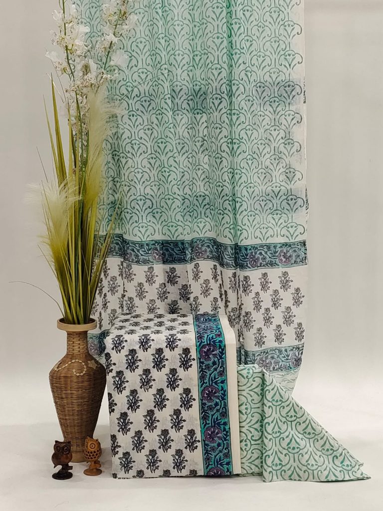 Pigment print Unstitched soft mulmul dupatta cotton suit in white and turquoise green color