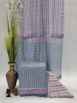 Daily wear printed Unstitched soft mulmul dupatta cotton suit in bluish gray and amethyst color
