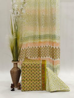 Small booty print Unstitched soft mulmul dupatta cotton suit in pear green color