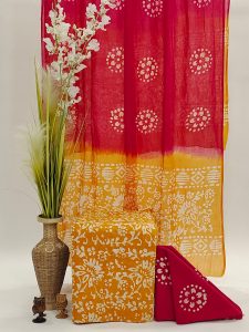Batik print Unstitched soft mulmul dupatta cotton suit in amaranth red and orange color
