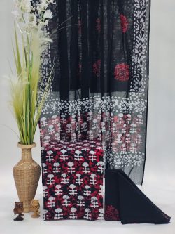 Batik print Unstitched soft mulmul dupatta cotton suit in black and red color.jpeg