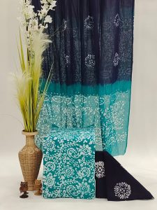 Batik print Unstitched soft mulmul dupatta cotton suit in turquoise green and prussian blue color