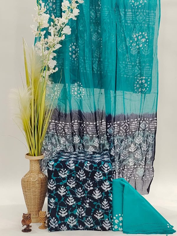 Batik print Unstitched soft mulmul dupatta cotton suit in turquoise green color