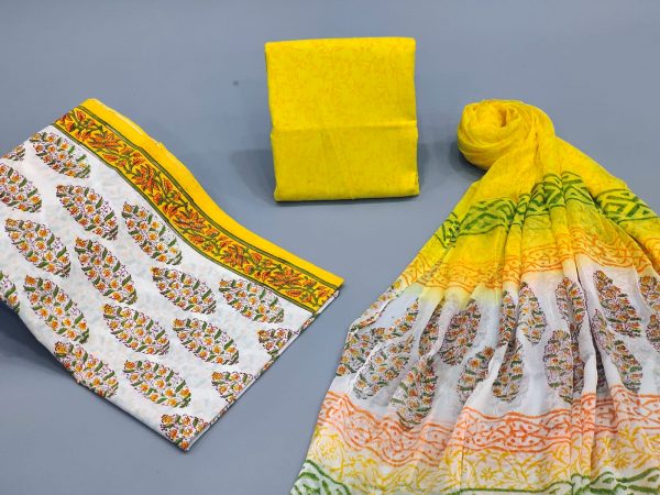 Hand block print unstitched chiffon duppatta cotton suit in yellow and white color