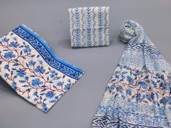 Block printed unstitched chiffon duppatta cotton suit in blue white color