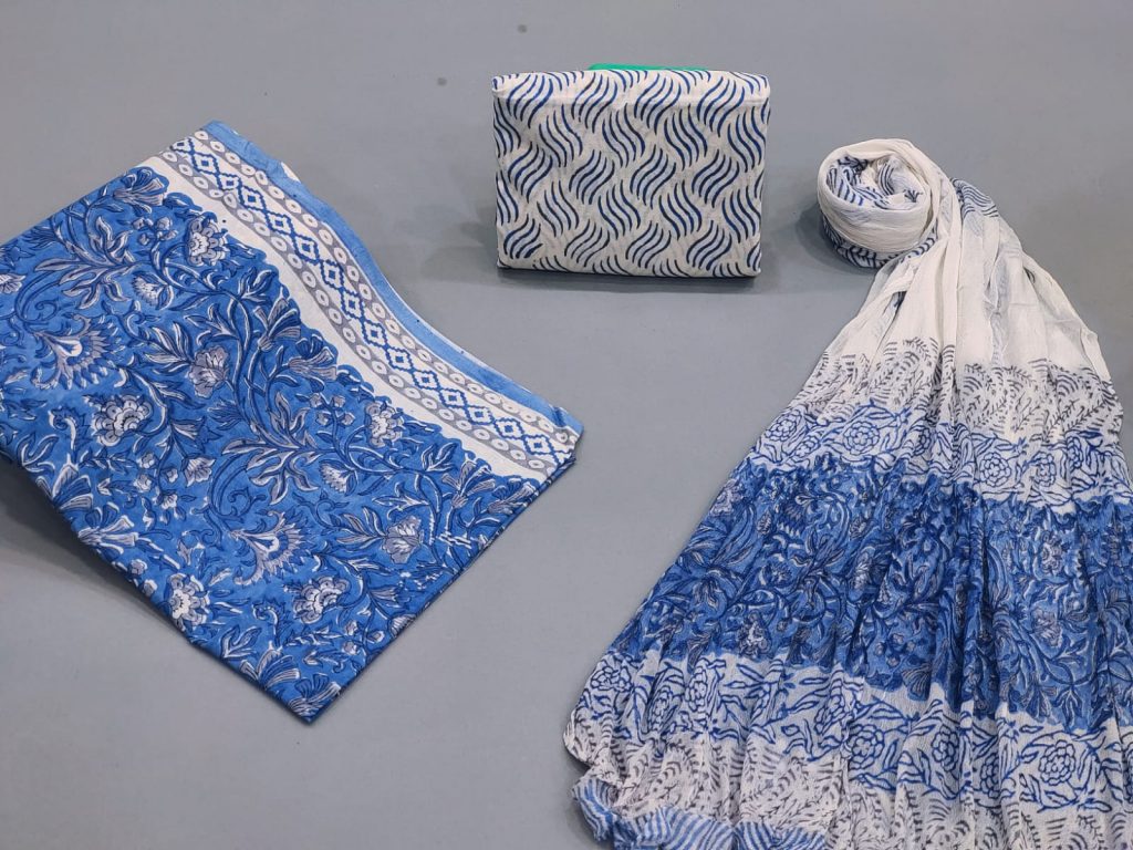 Gad print unstitched chiffon duppatta cotton suit in ultramarine blue and white color