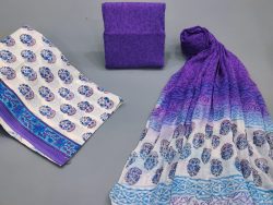 Hand block print unstitched chiffon duppatta cotton suit in violet and white color