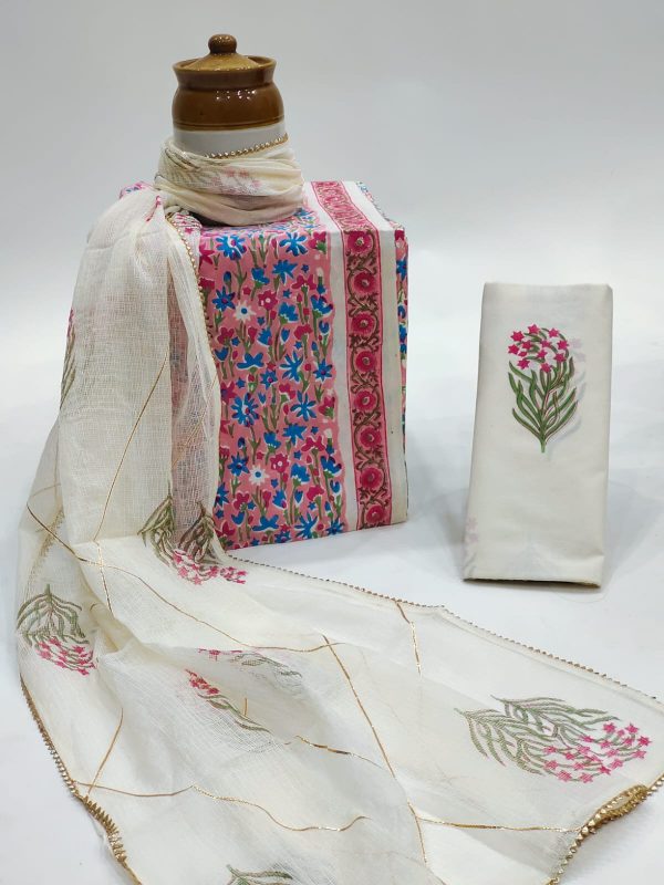 Hand block printed pink cotton suit with pure kota doria dupatta wth gotta lace work