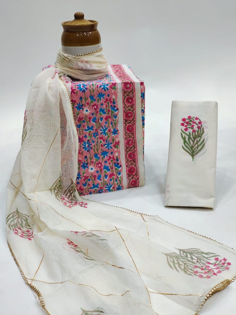 Hand block printed pink cotton suit with pure kota doria dupatta wth gotta lace work