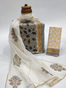 Slate gray color kalamkari print cotton suit with pure kota doria dupatta wth gotta lace work