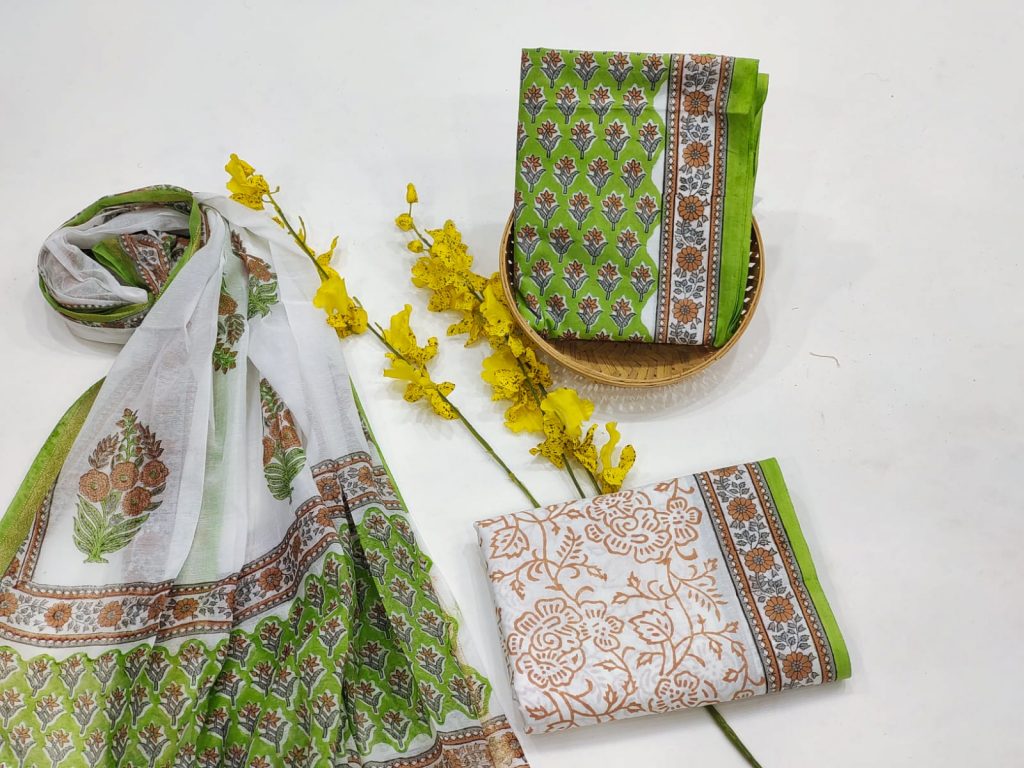 Erin green mugal print cotton suit with maheshwari dupatta
