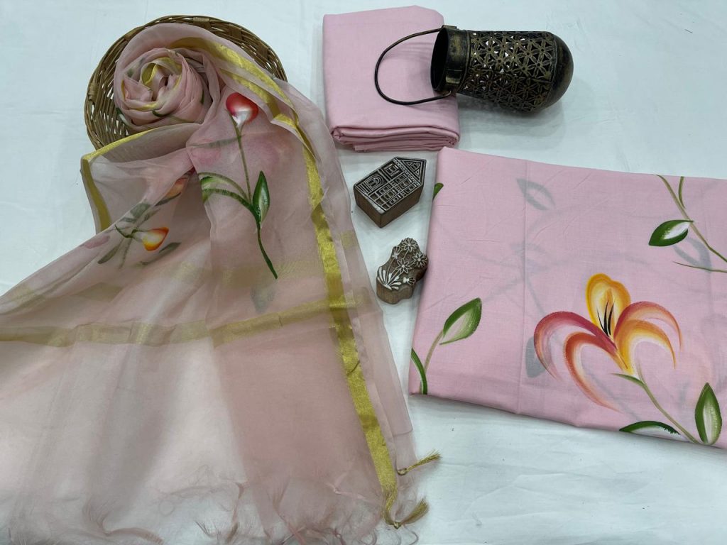 Cotton suit with kota silk dupatta in lite pink floral print