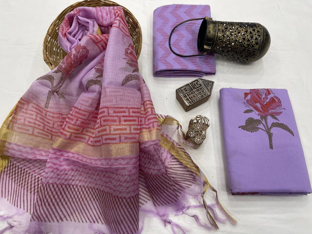 Cotton suit with kota silk dupatta in violet mugal print