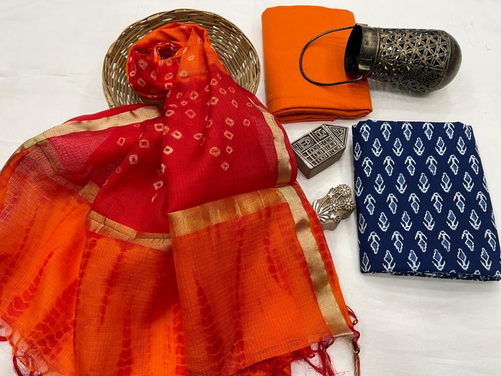 Cotton suit with kota silk dupatta in orange and indigo bagru print