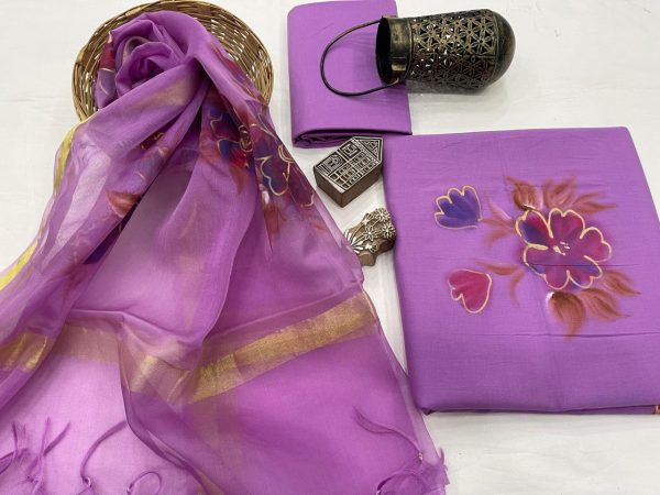 Hand brush paint Cotton suit with kota silk dupatta in orchid pink mugal print
