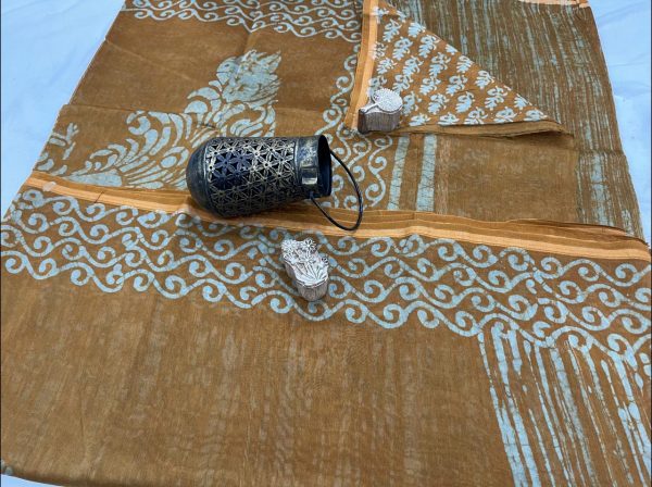 Ochre brown batik print chanderi silk saree
