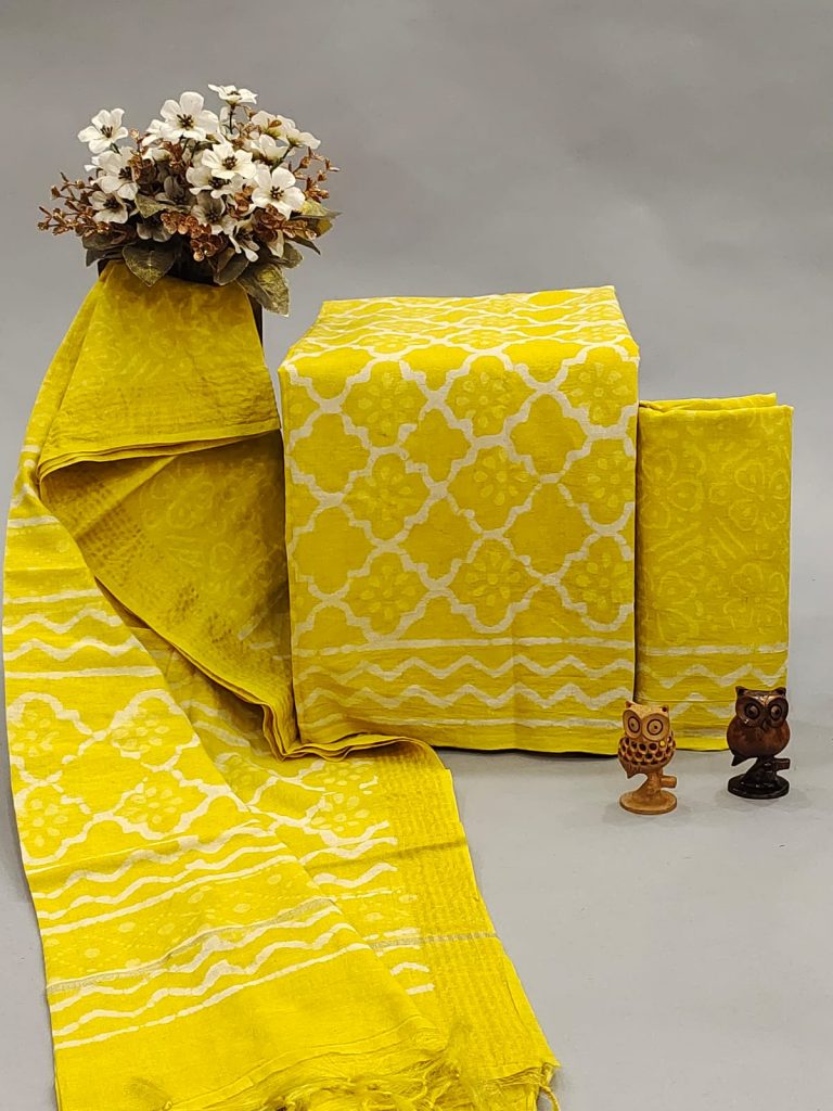 Yellow batik print cotton suit with maheshwari dupatta