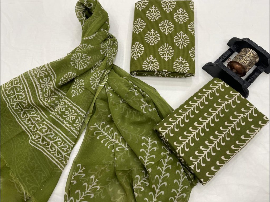 Green jaipuri discharge print dobby cotton suit with chiffon dupatta