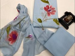 Greyish blue hand painted dobby cotton suit with chiffon dupatta