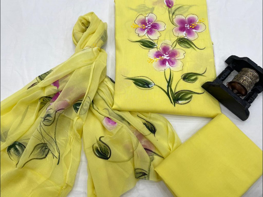 Pure Yellow hand painting dobby cotton suit with chiffon dupatta