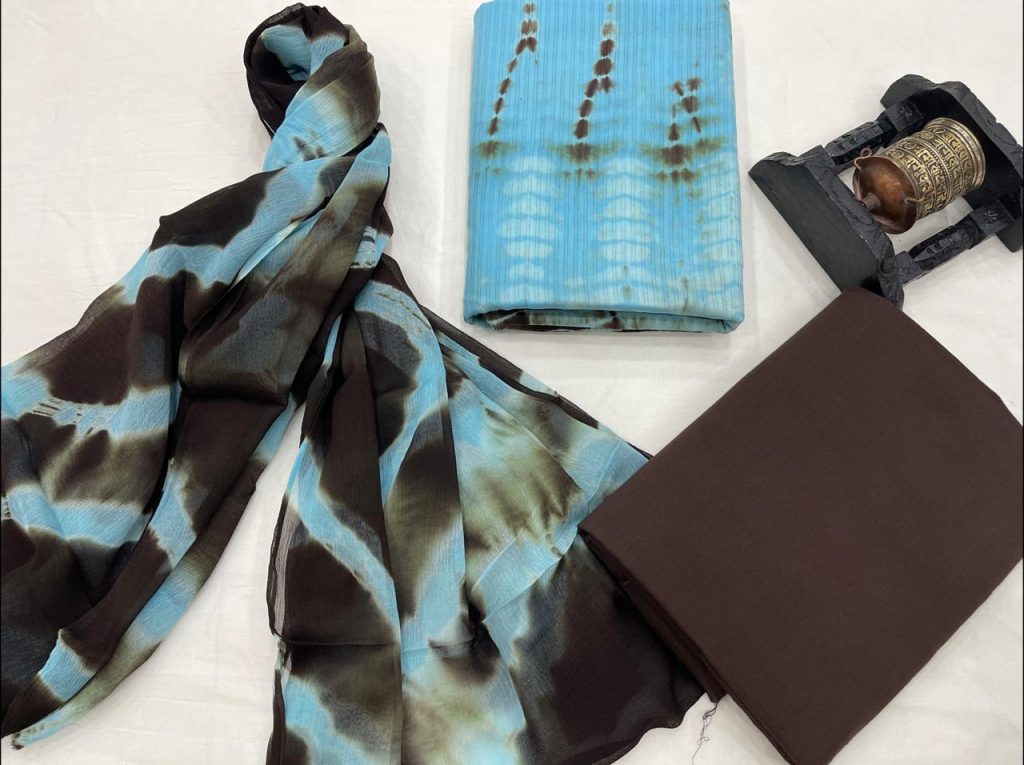 Sky blue shibori print and naswari brown dobby cotton suit with chiffon dupatta