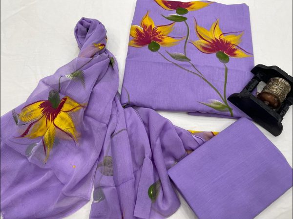 Soft purple hand brush painted dobby cotton suit with chiffon dupatta