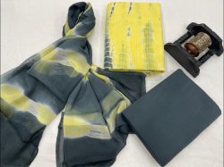Yellow and gray shibori print dobby cotton suit with chiffon dupatta