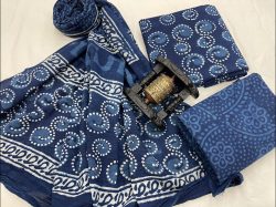Indigo blue bagru print cotton dupatta suit
