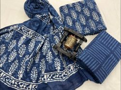 Indigo batik print cotton dupatta suit