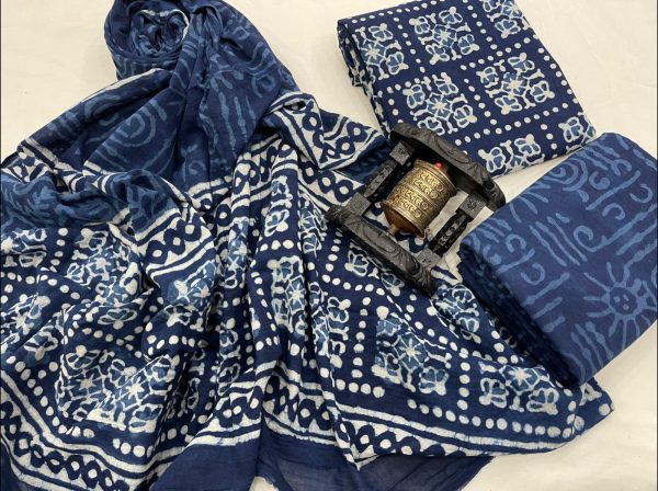 Indigo blue batik print cotton dupatta suit