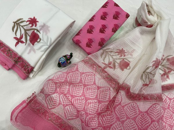 White and pink mugal print kota doria dupata suit