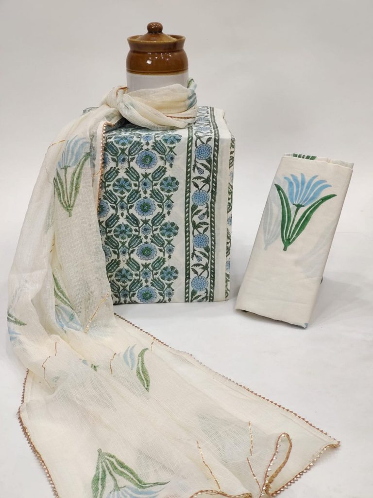 Merino white hand embroidery work kota doria dupatta with printed salwar kameez
