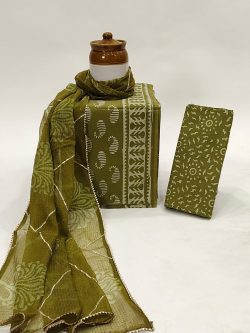 Pesto mehandi green hand embroidered kota doria dupatta with cotton salwar kameez