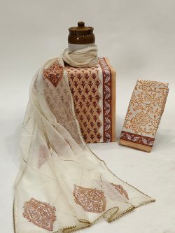 Sepia beige hand embroidery work kota doria dupatta with printed salwar kameez