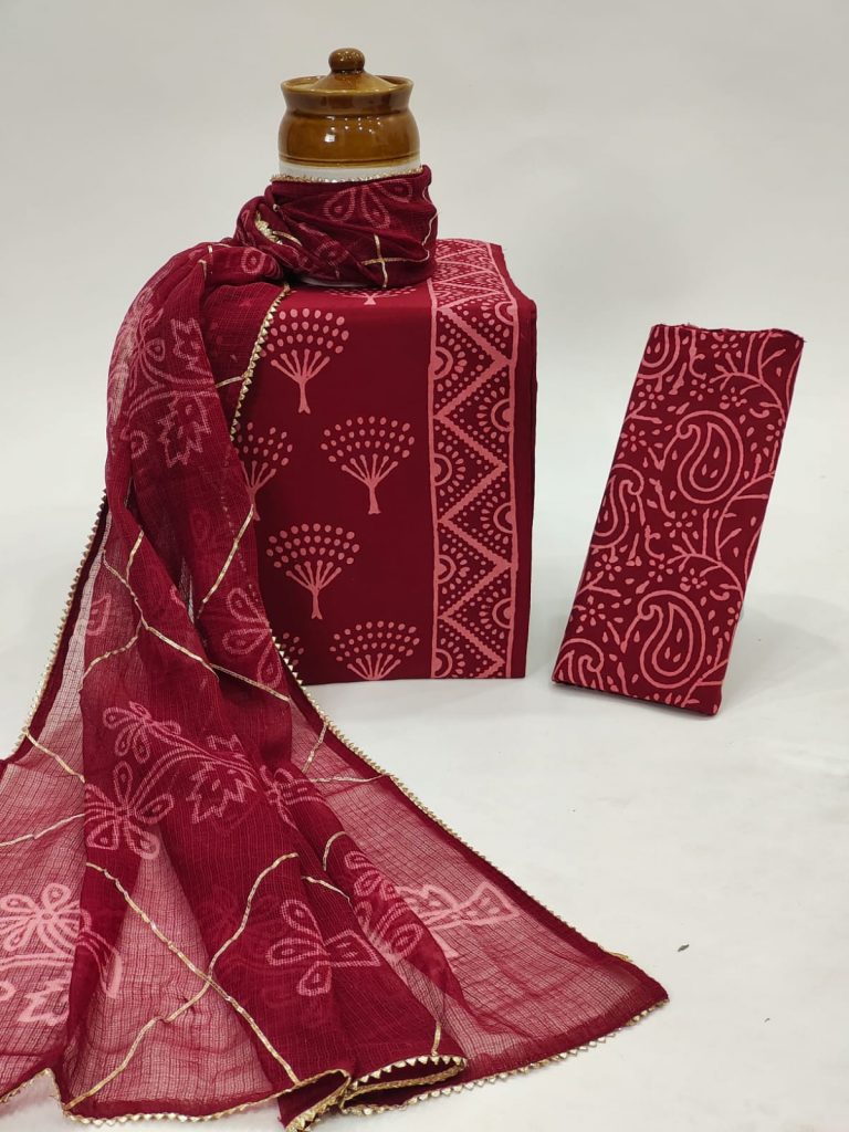 Vivid burgundy hand embroidered kota doria dupatta with cotton salwar kameez